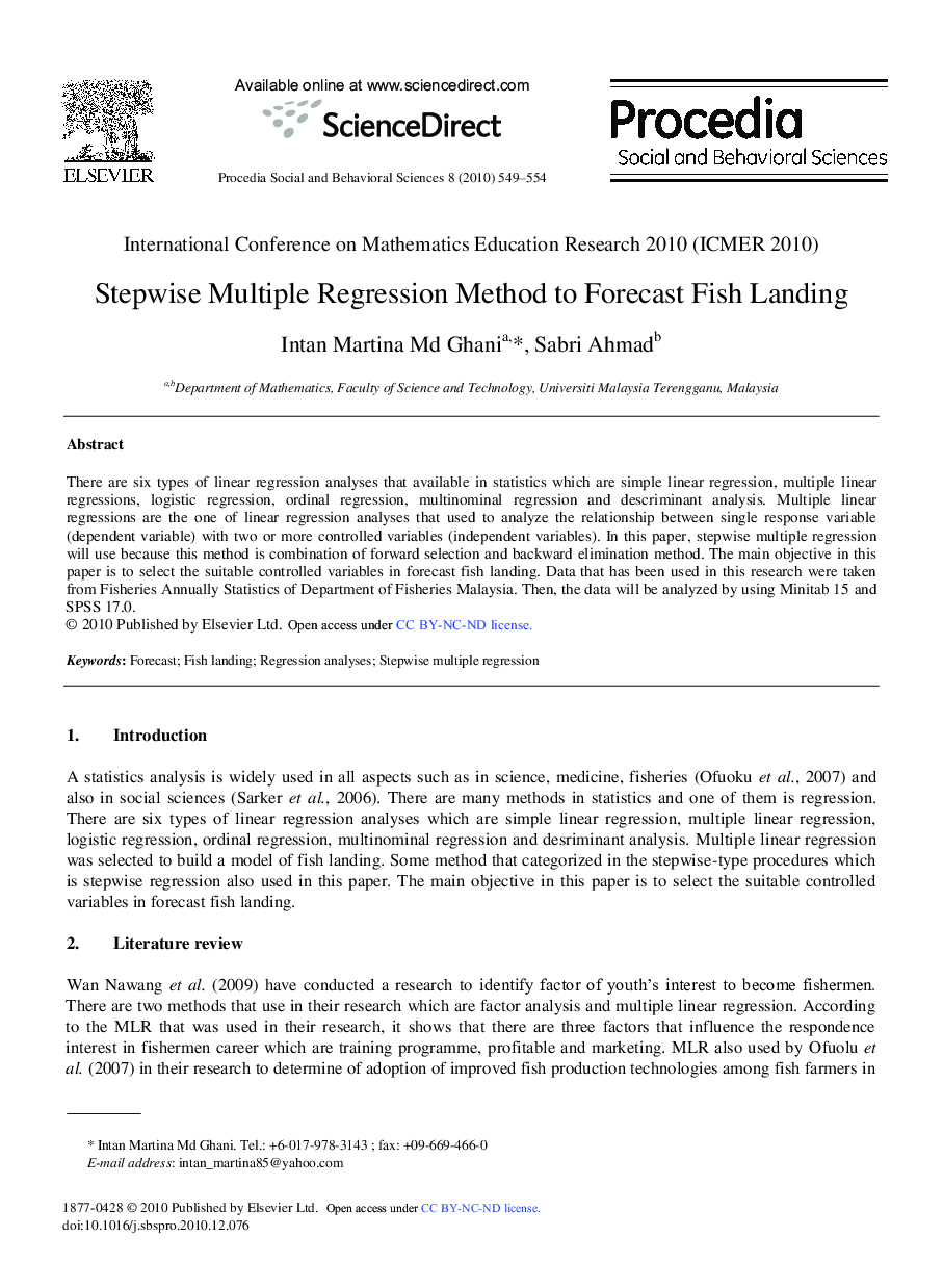 Stepwise Multiple Regression Method to Forecast Fish Landing