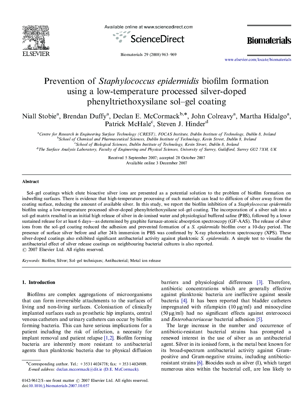 Prevention of Staphylococcus epidermidis biofilm formation using a low-temperature processed silver-doped phenyltriethoxysilane sol–gel coating