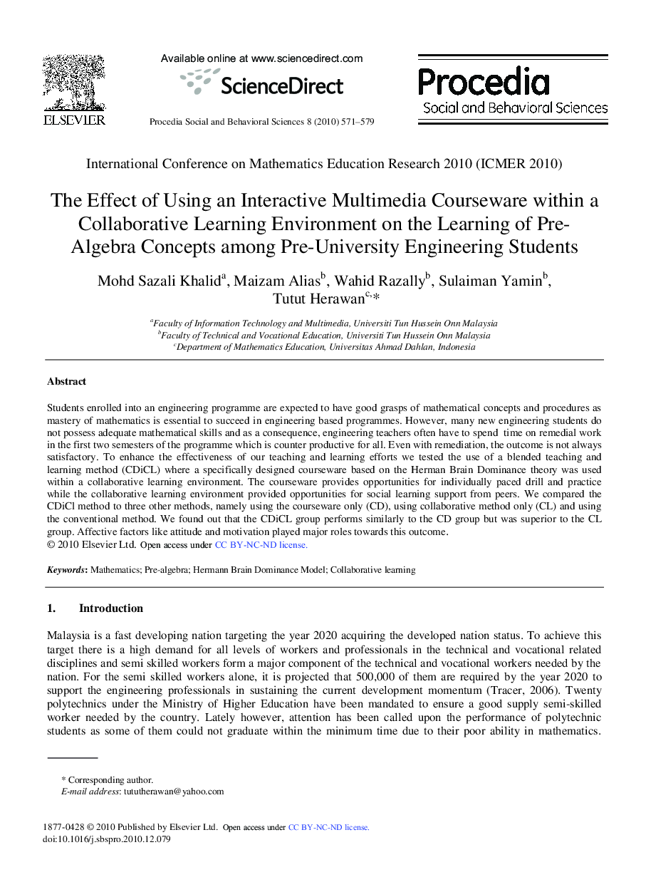 The Effect of Using an Interactive Multimedia Courseware within a Collaborative Learning Environment on the Learning of Pre-Algebra Concepts among Pre-University Engineering Students