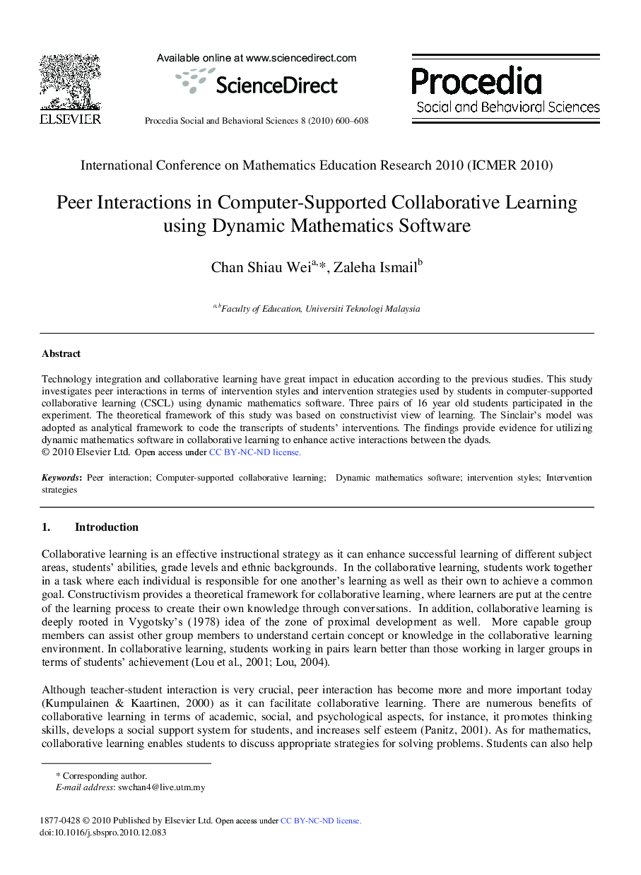 Peer Interactions in Computer-Supported Collaborative Learning using Dynamic Mathematics Software