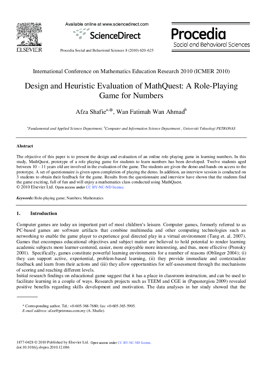 Design and Heuristic Evaluation of MathQuest: A Role-Playing Game for Numbers