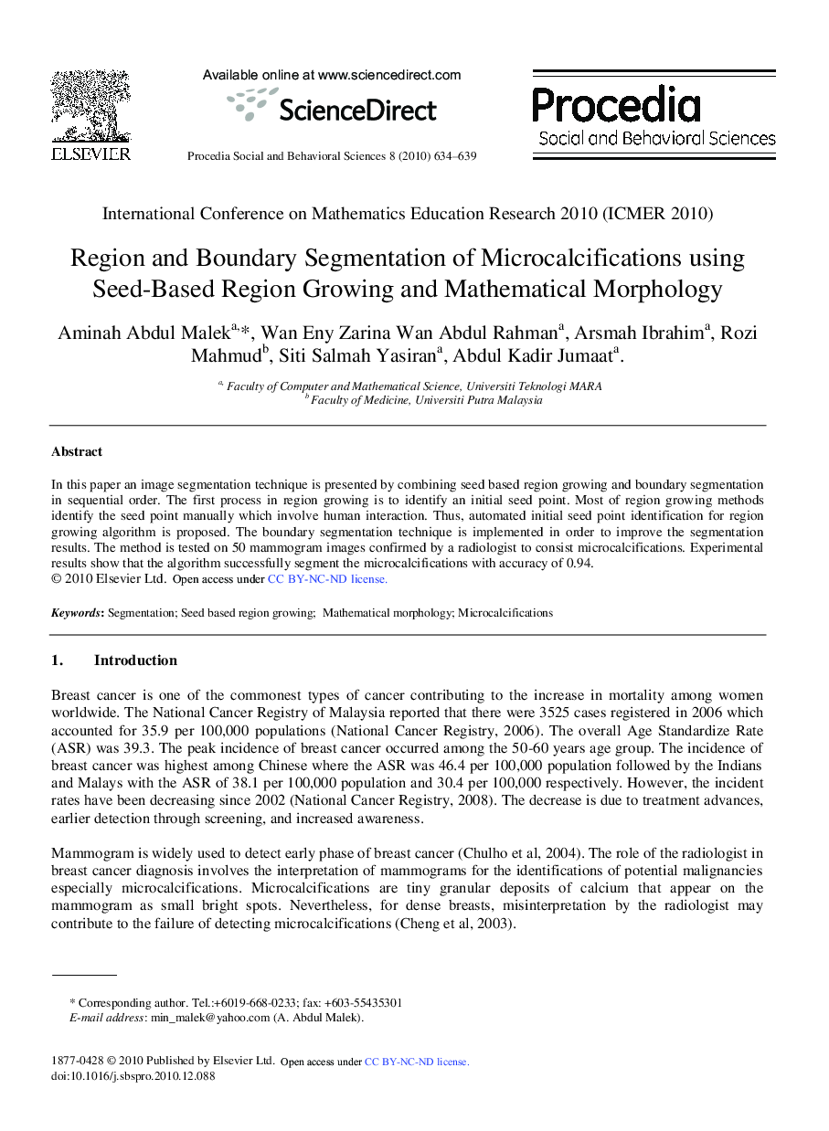 Region and Boundary Segmentation of Microcalcifications using Seed-Based Region Growing and Mathematical Morphology