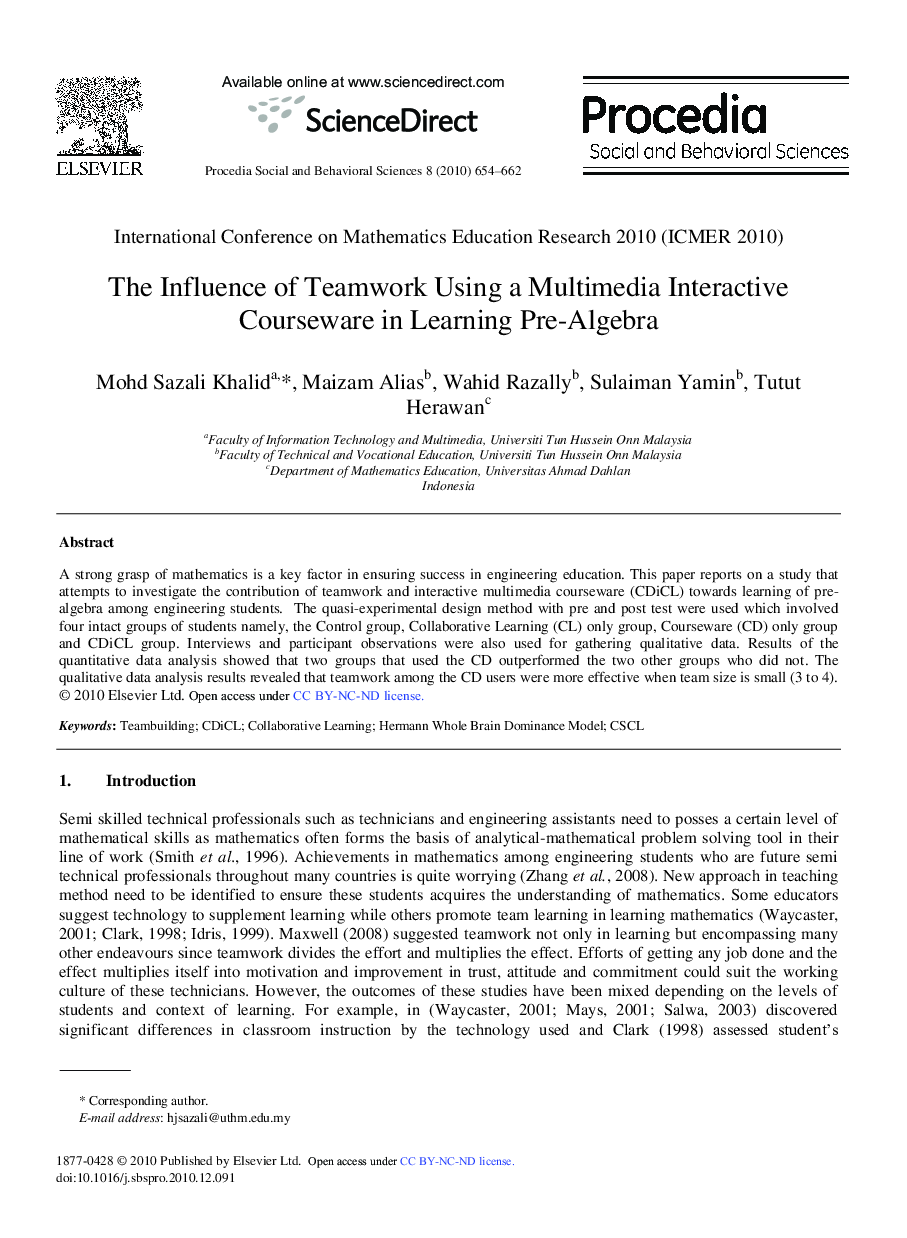 The Influence of Teamwork Using a Multimedia Interactive Courseware in Learning Pre-Algebra