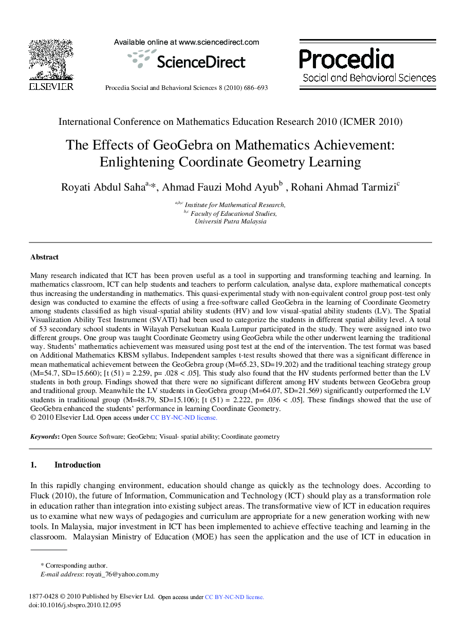 The Effects of GeoGebra on Mathematics Achievement: Enlightening Coordinate Geometry Learning