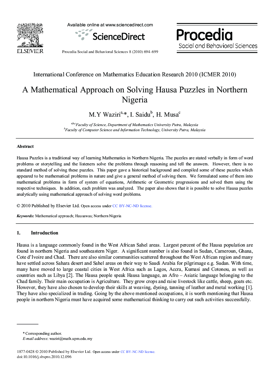 A Mathematical Approach on Solving Hausa Puzzles in Northern Nigeria