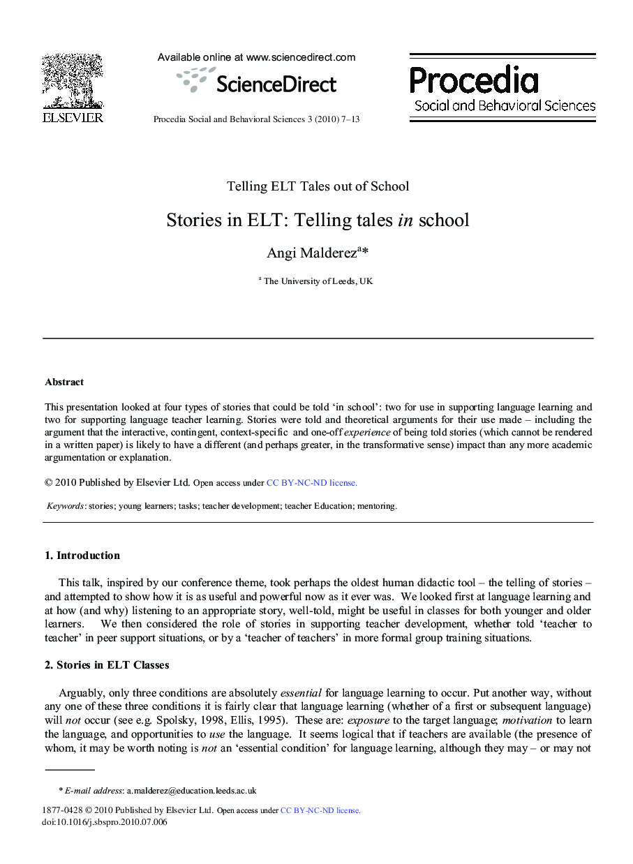 Stories in ELT: Telling tales in school