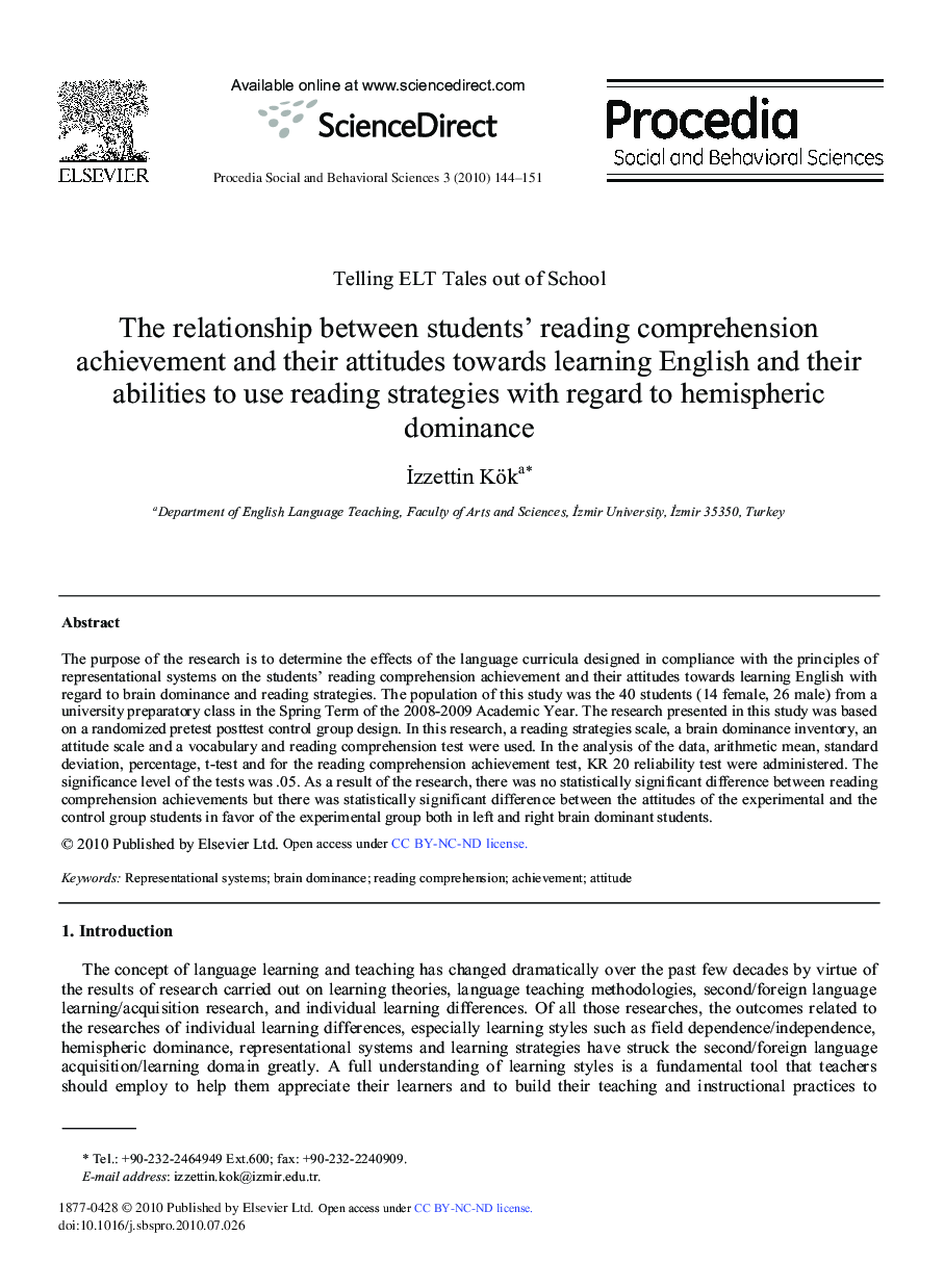 The relationship between students’ reading comprehension achievement and their attitudes towards learning English and their abilities to use reading strategies with regard to hemispheric dominance