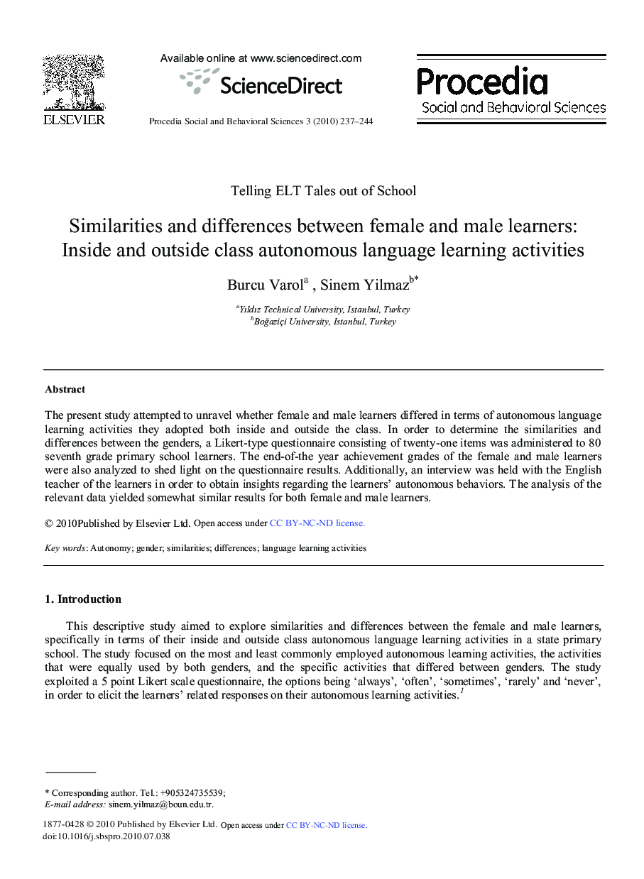 Similarities and differences between female and male learners: Inside and outside class autonomous language learning activities