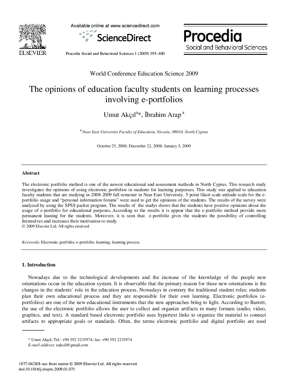 The opinions of education faculty students on learning processes involving e-portfolios