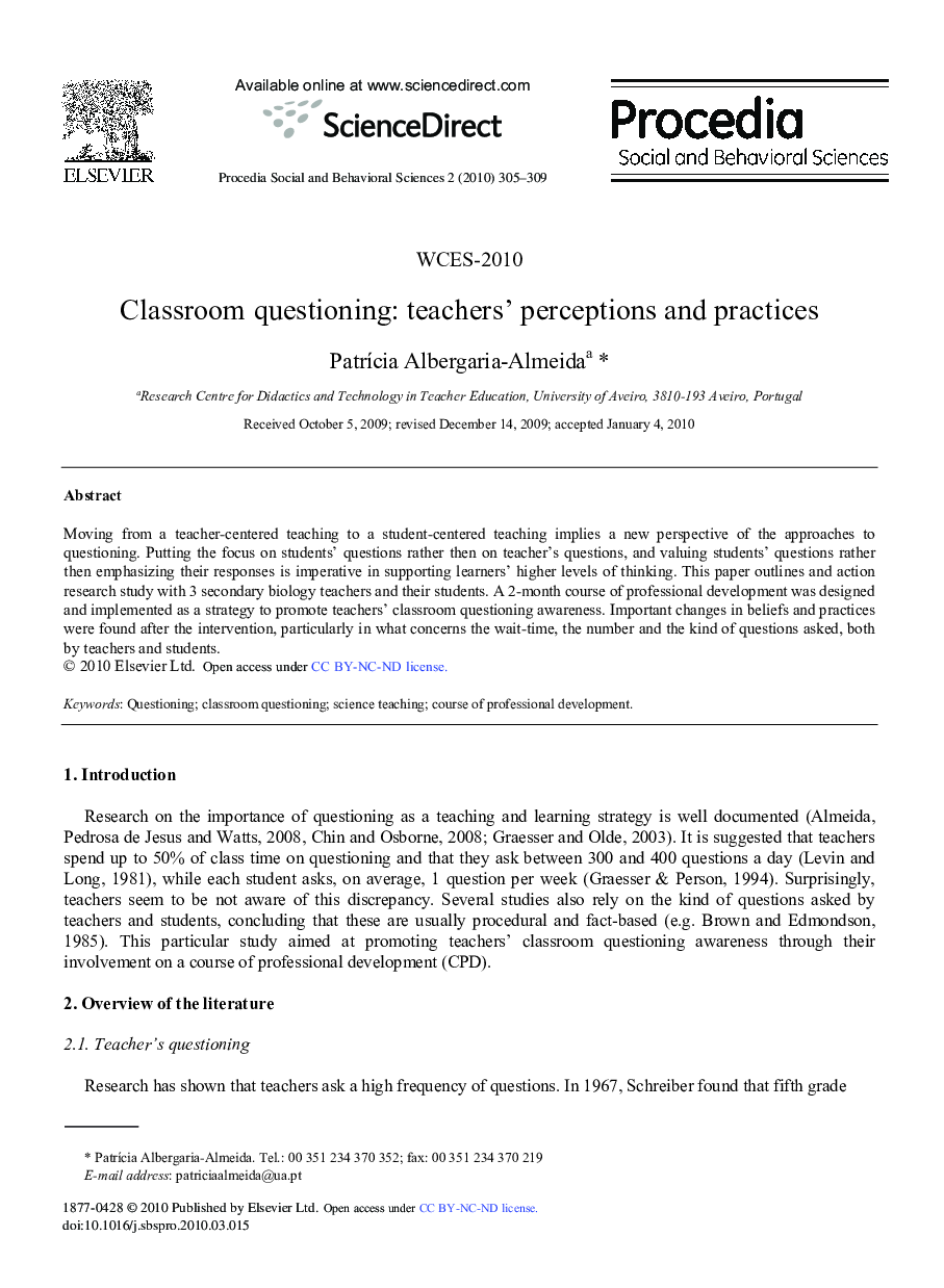 Classroom questioning: teachers’ perceptions and practices