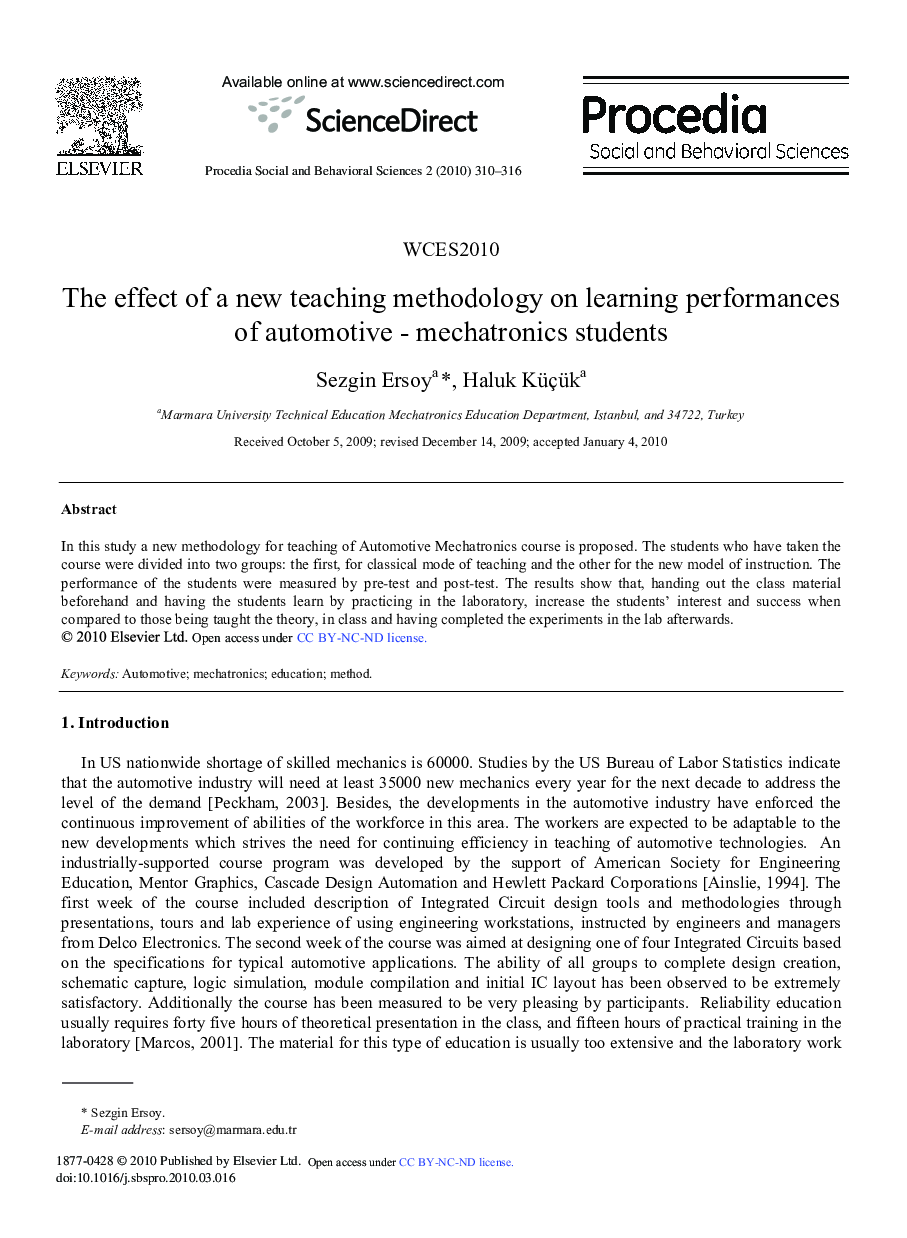 The effect of a new teaching methodology on learning performances of automotive - mechatronics students