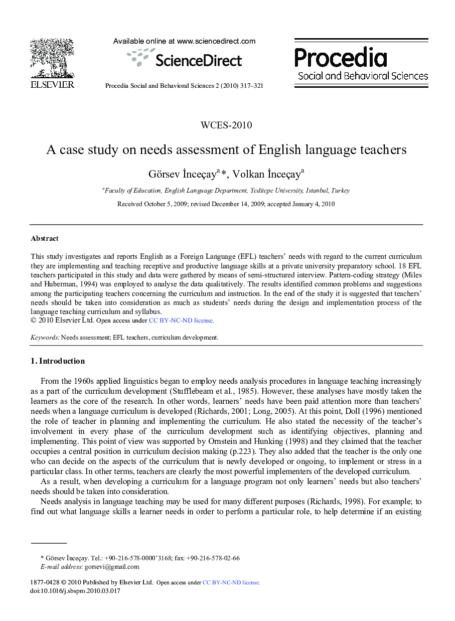 A case study on needs assessment of English language teachers