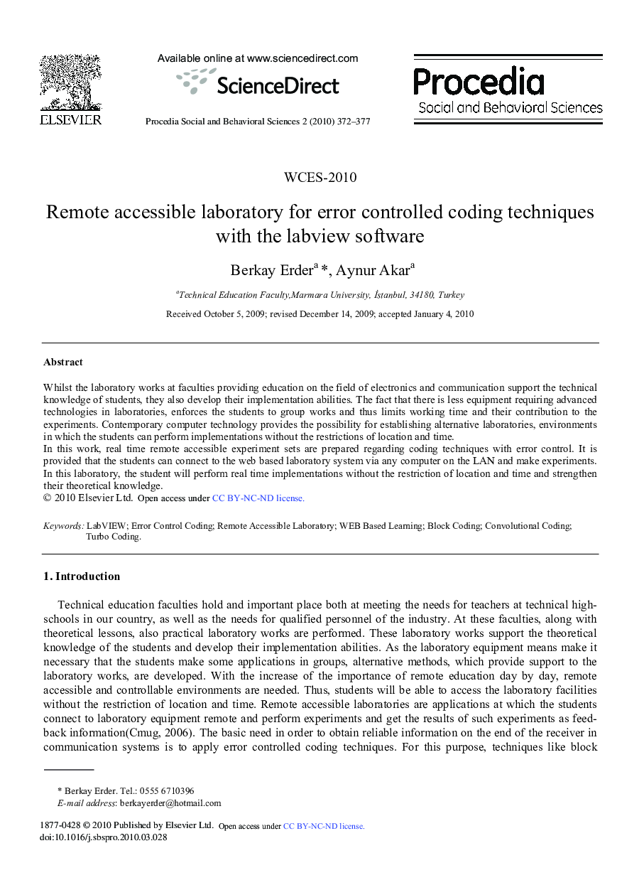 Remote accessible laboratory for error controlled coding techniques with the labview software