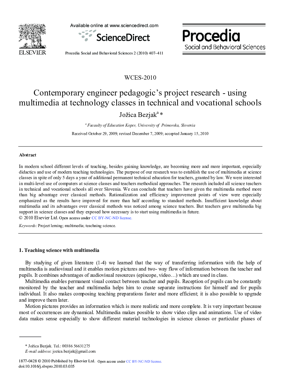 Contemporary engineer pedagogic's project research - using multimedia at technology classes in technical and vocational schools