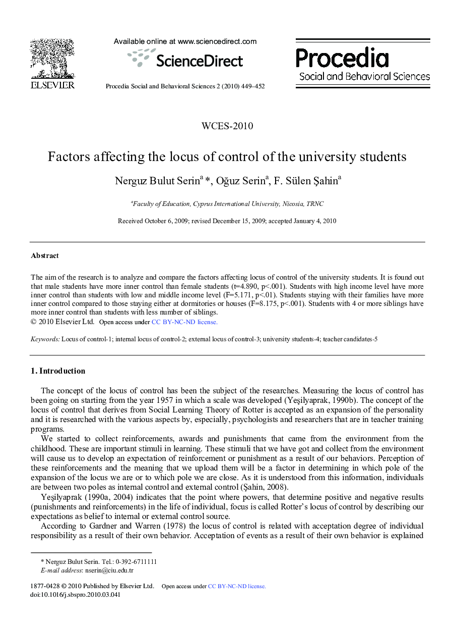 Factors affecting the locus of control of the university students