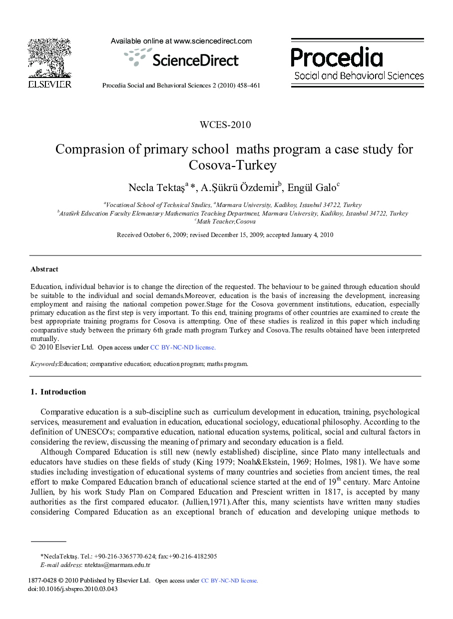 Comprasion of primary school maths program a case study for Cosova-Turkey