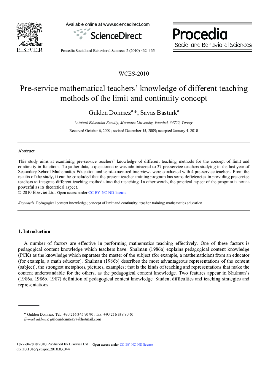 Pre-service mathematical teachers’ knowledge of different teaching methods of the limit and continuity concept