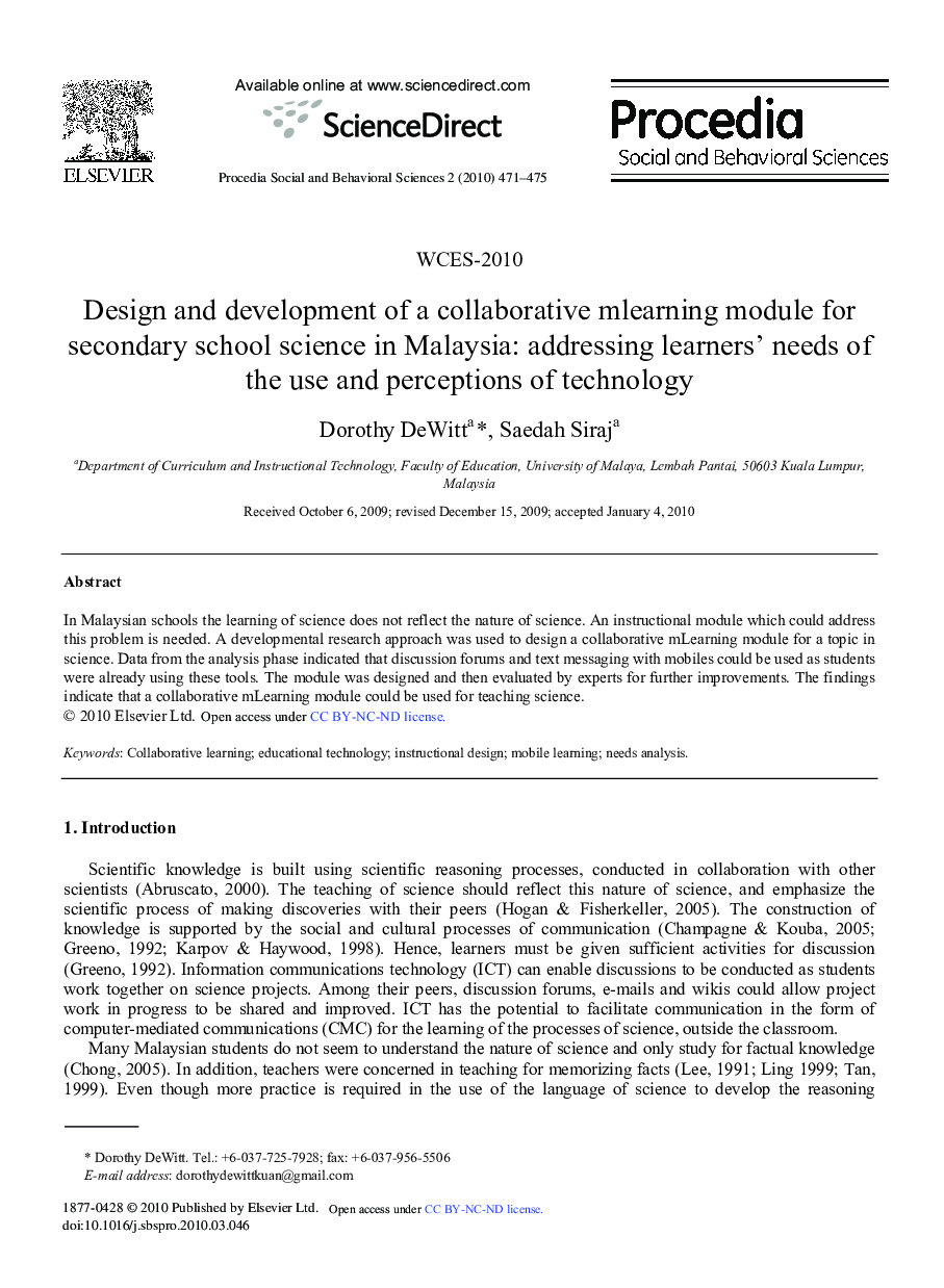 Design and development of a collaborative mlearning module for secondary school science in Malaysia: addressing learners’ needs of the use and perceptions of technology