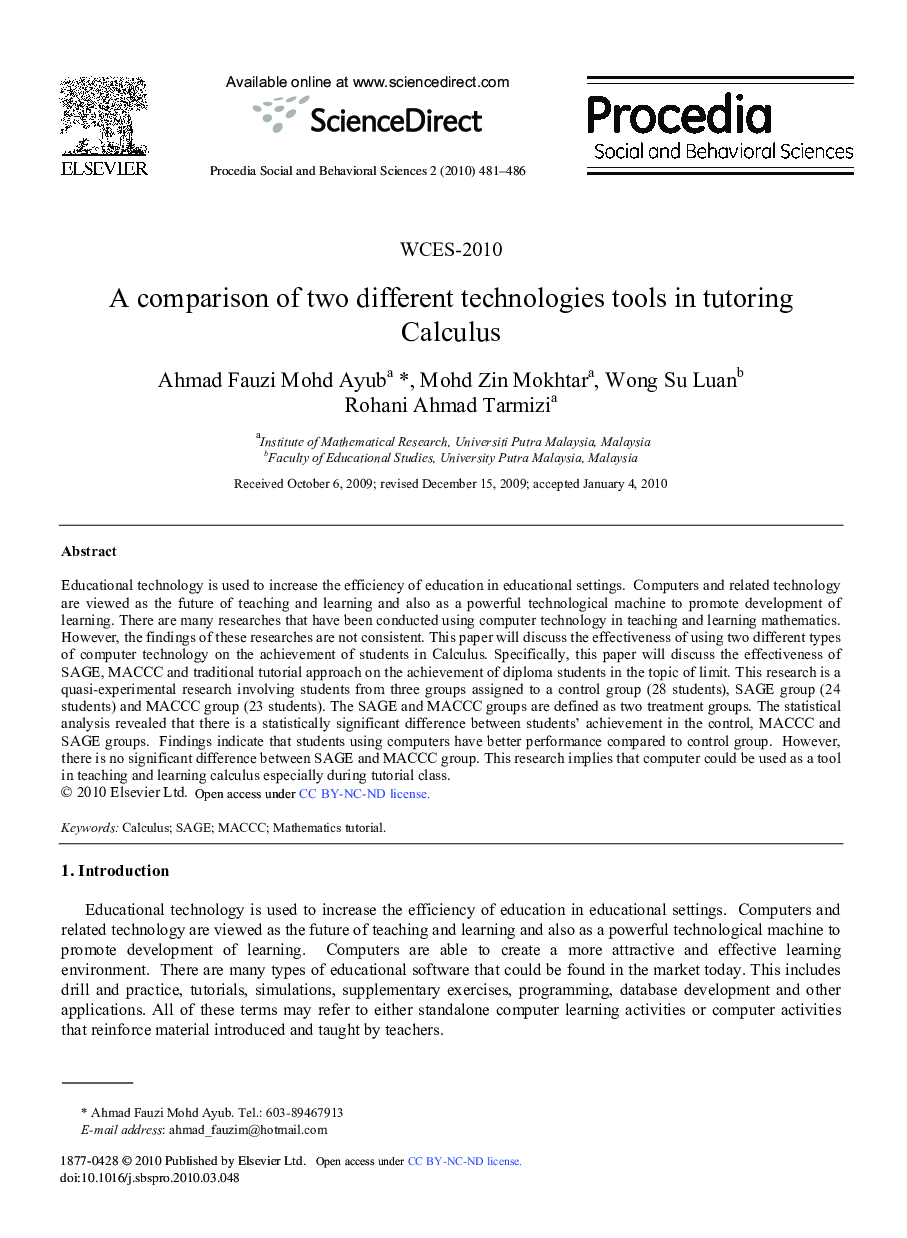 A comparison of two different technologies tools in tutoring Calculus