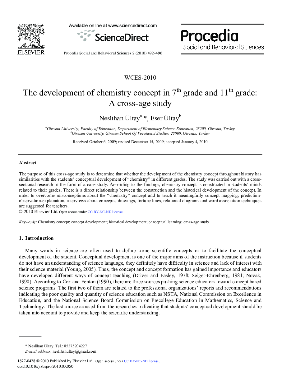 The development of chemistry concept in 7th grade and 11th grade: A cross-age study