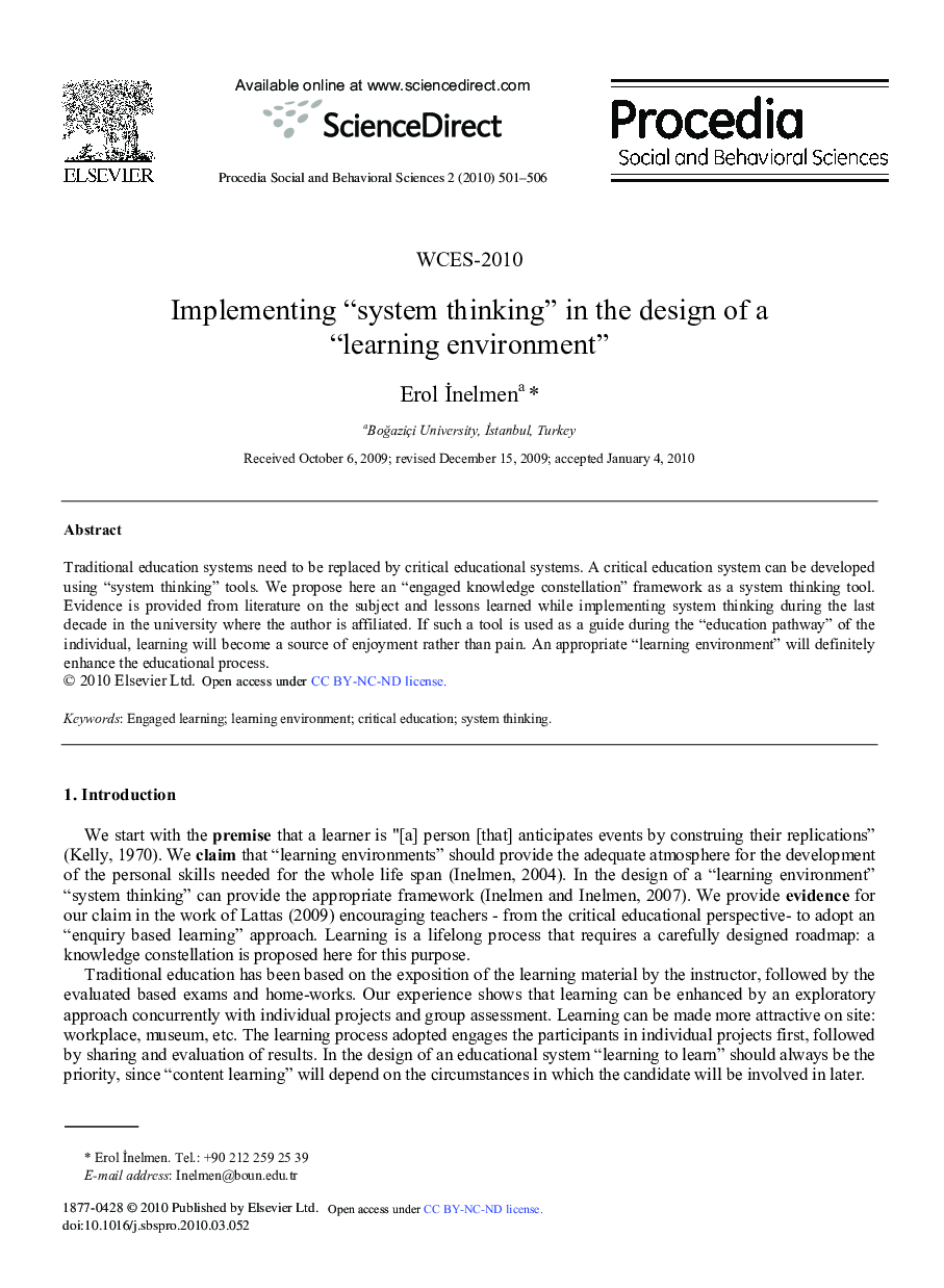 Implementing “system thinking” in the design of a “learning environment”