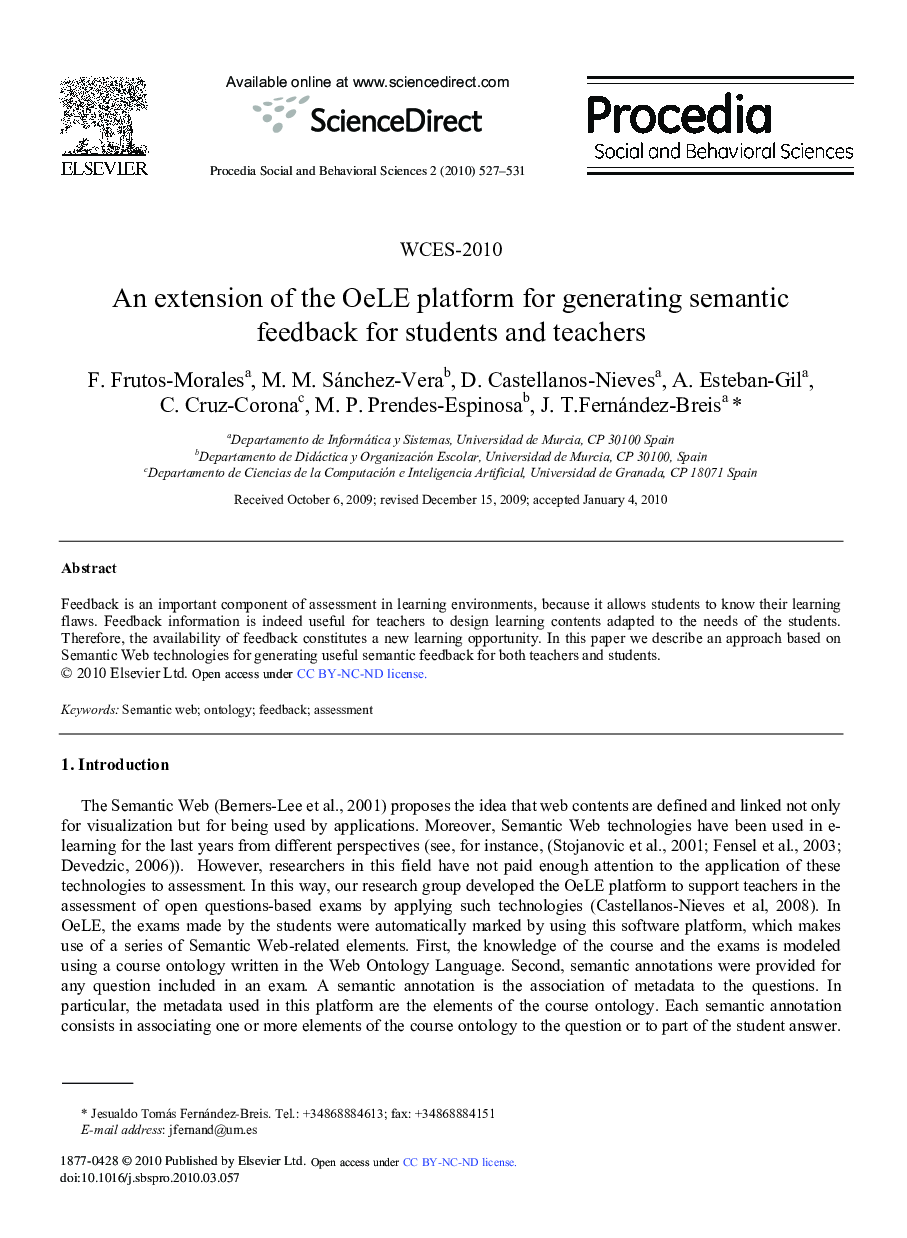 An extension of the OeLE platform for generating semantic feedback for students and teachers