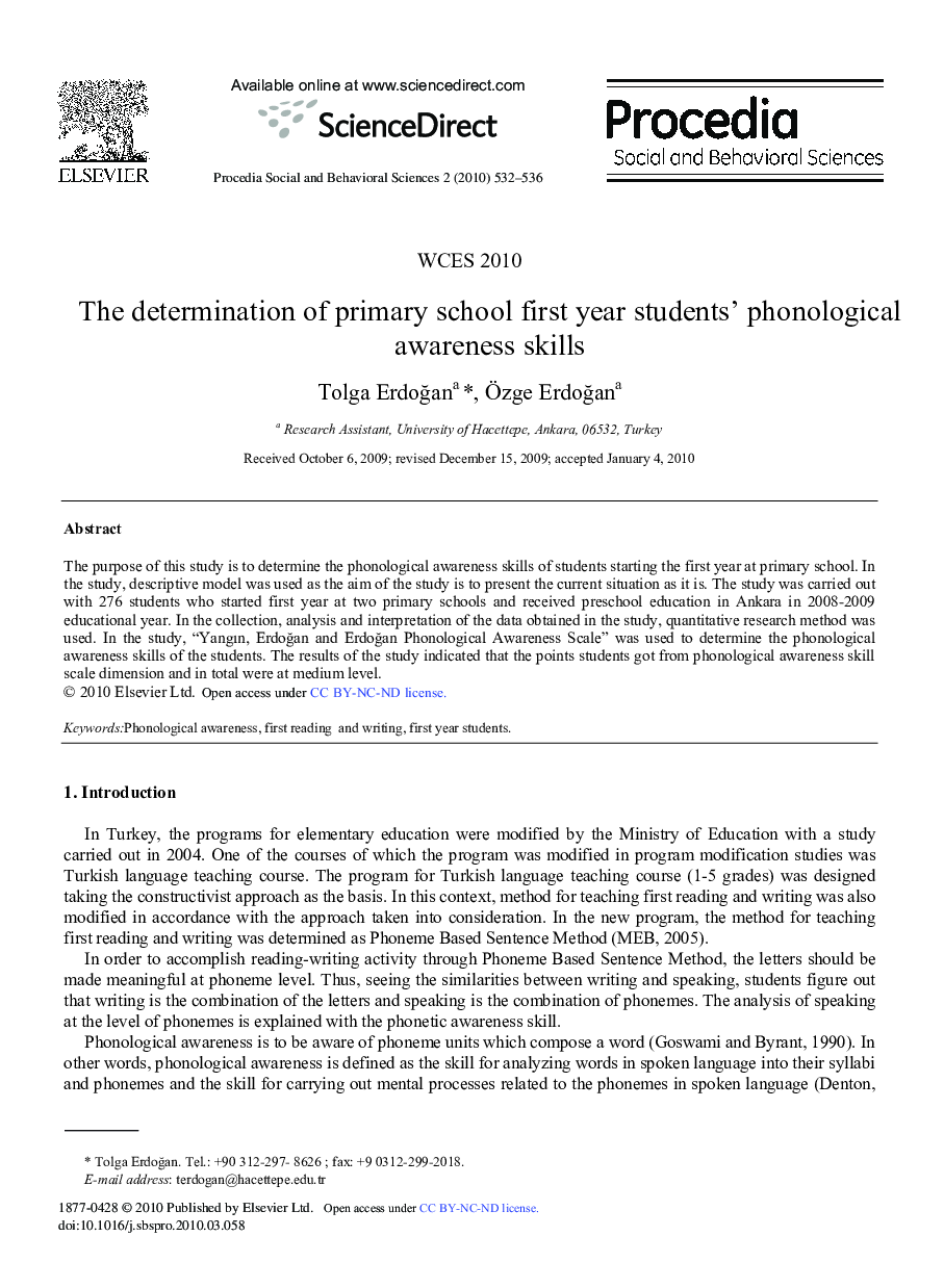 The determination of primary school first year students’ phonological awareness skills