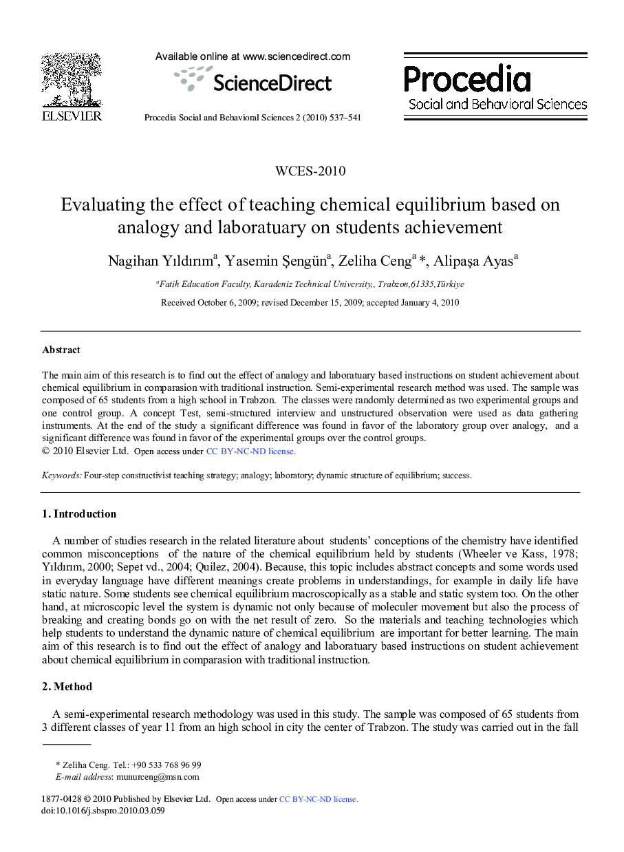 Evaluating the effect of teaching chemical equilibrium based on analogy and laboratuary on students achievement