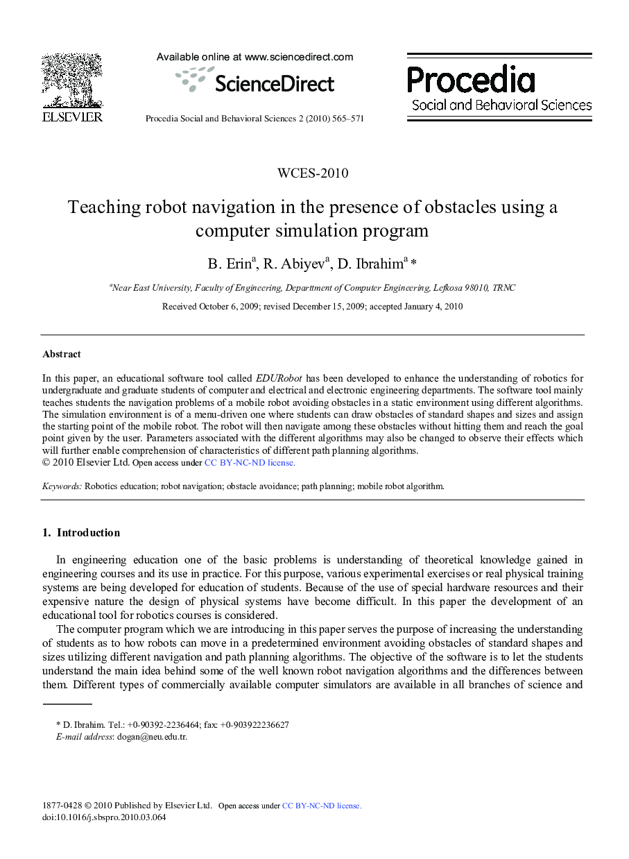 Teaching robot navigation in the presence of obstacles using a computer simulation program