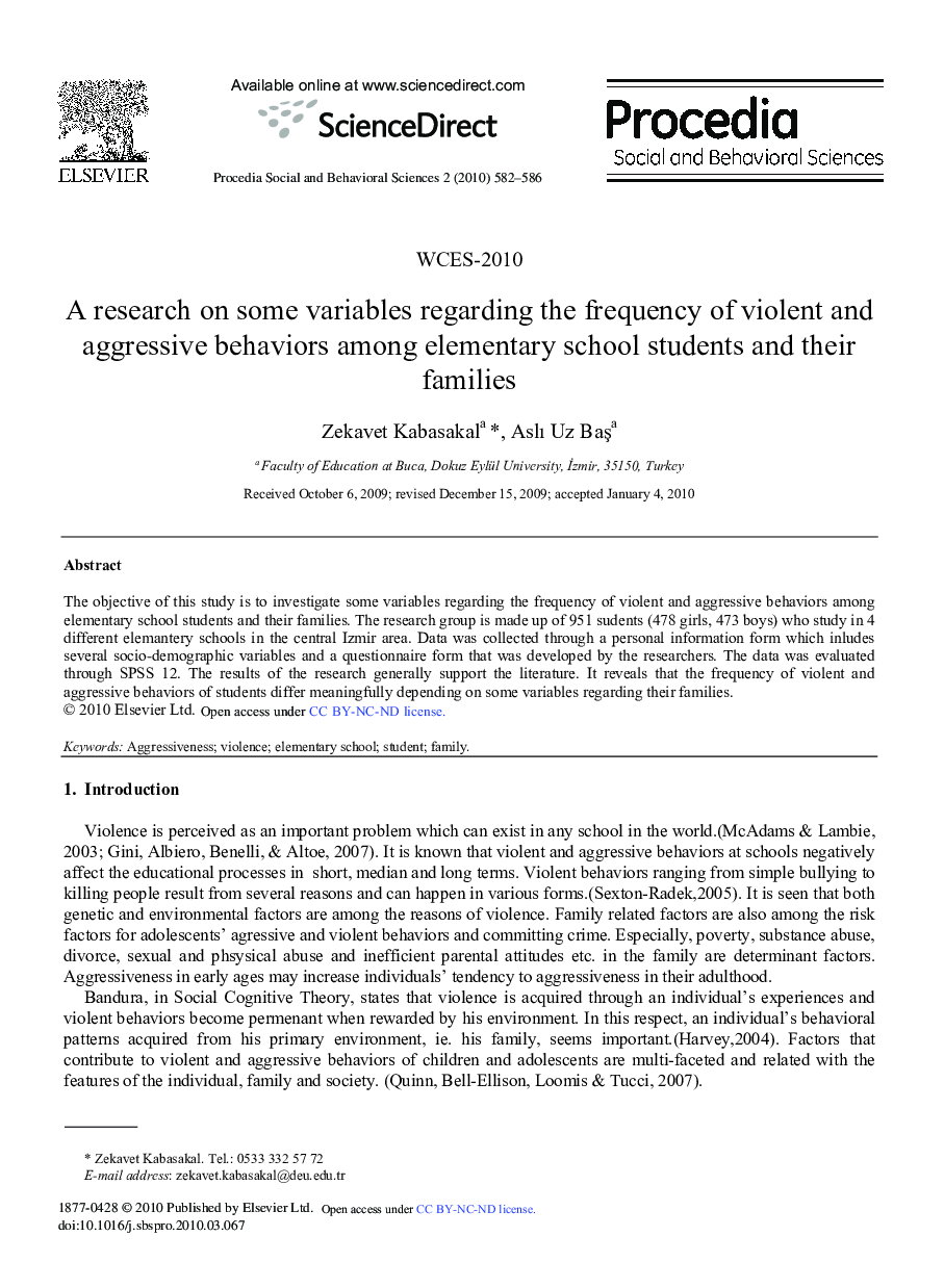 A research on some variables regarding the frequency of violent and aggressive behaviors among elementary school students and their families