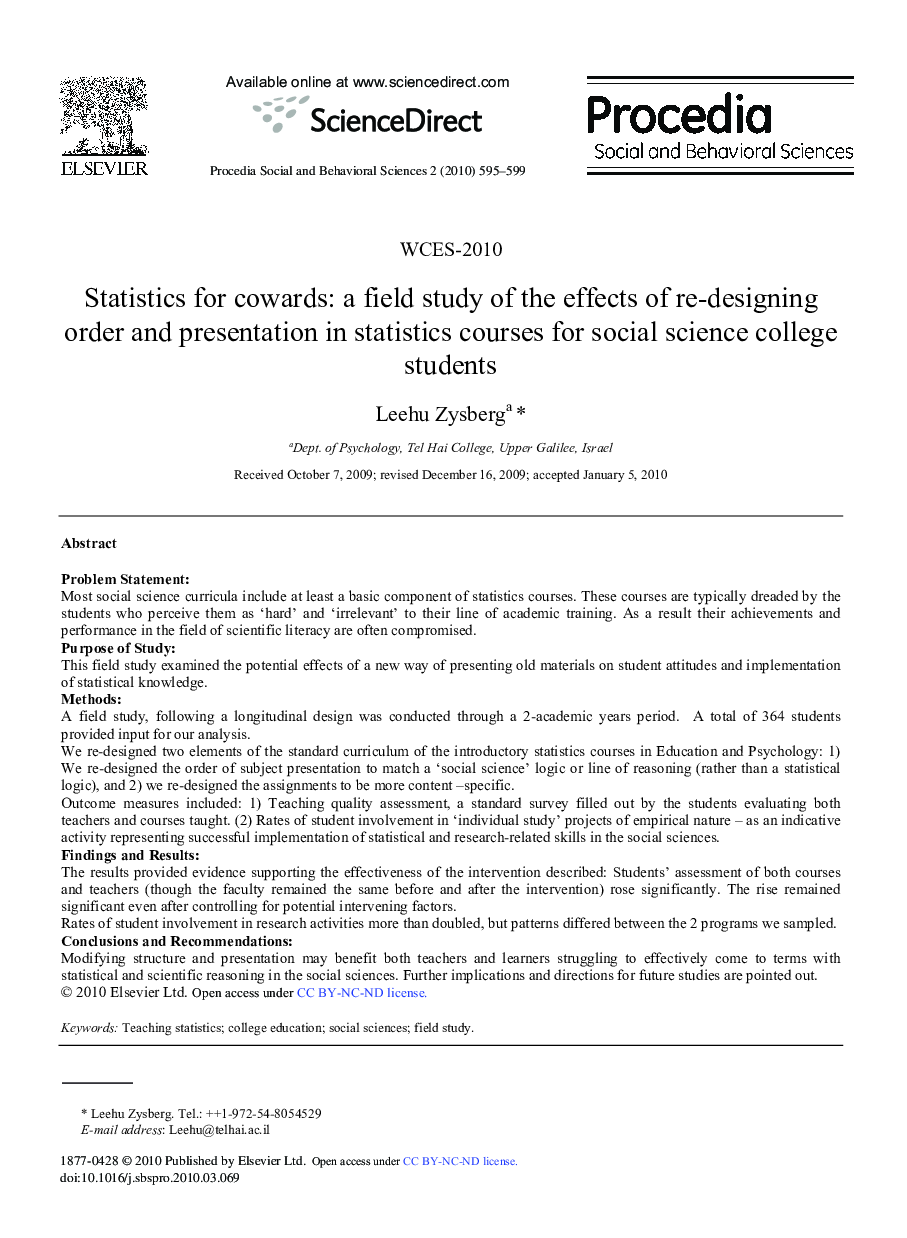 Statistics for cowards: a field study of the effects of re-designing order and presentation in statistics courses for social science college students