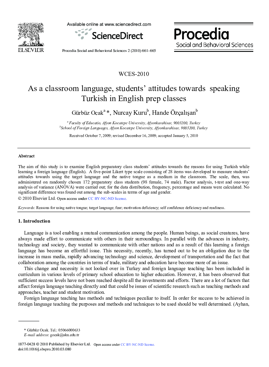 As a classroom language, students’ attitudes towards speaking Turkish in English prep classes