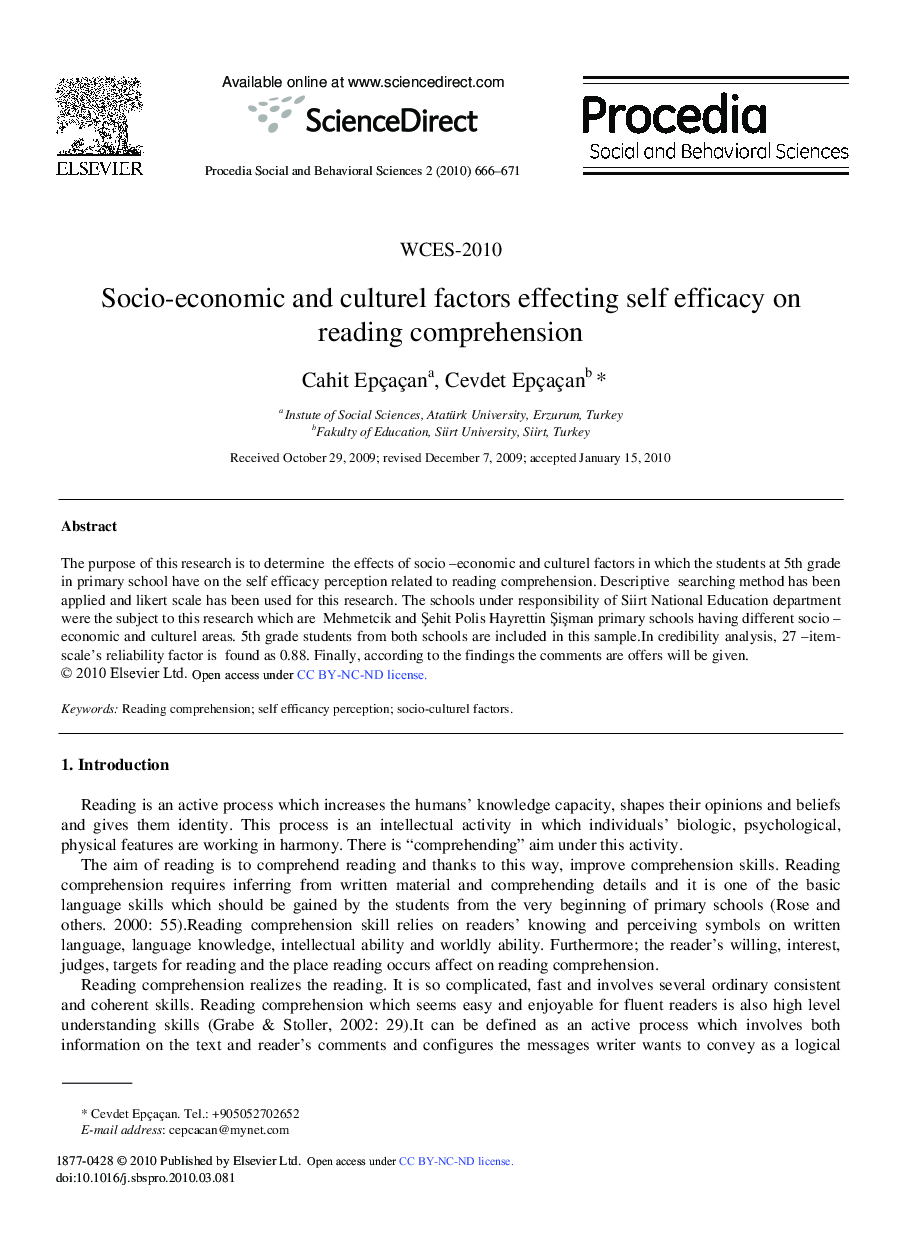 Socio-economic and culturel factors effecting self efficacy on reading comprehension