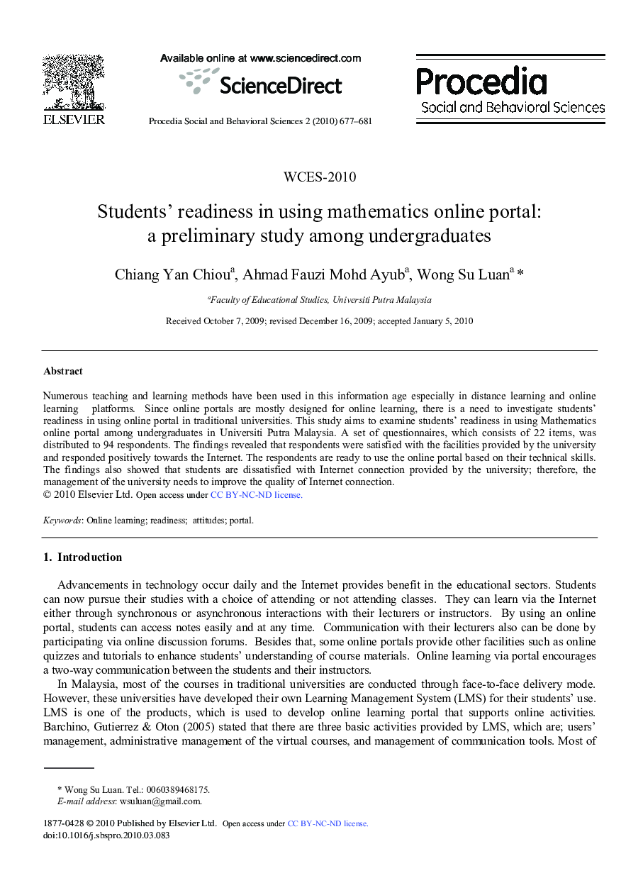 Students’ readiness in using mathematics online portal: a preliminary study among undergraduates