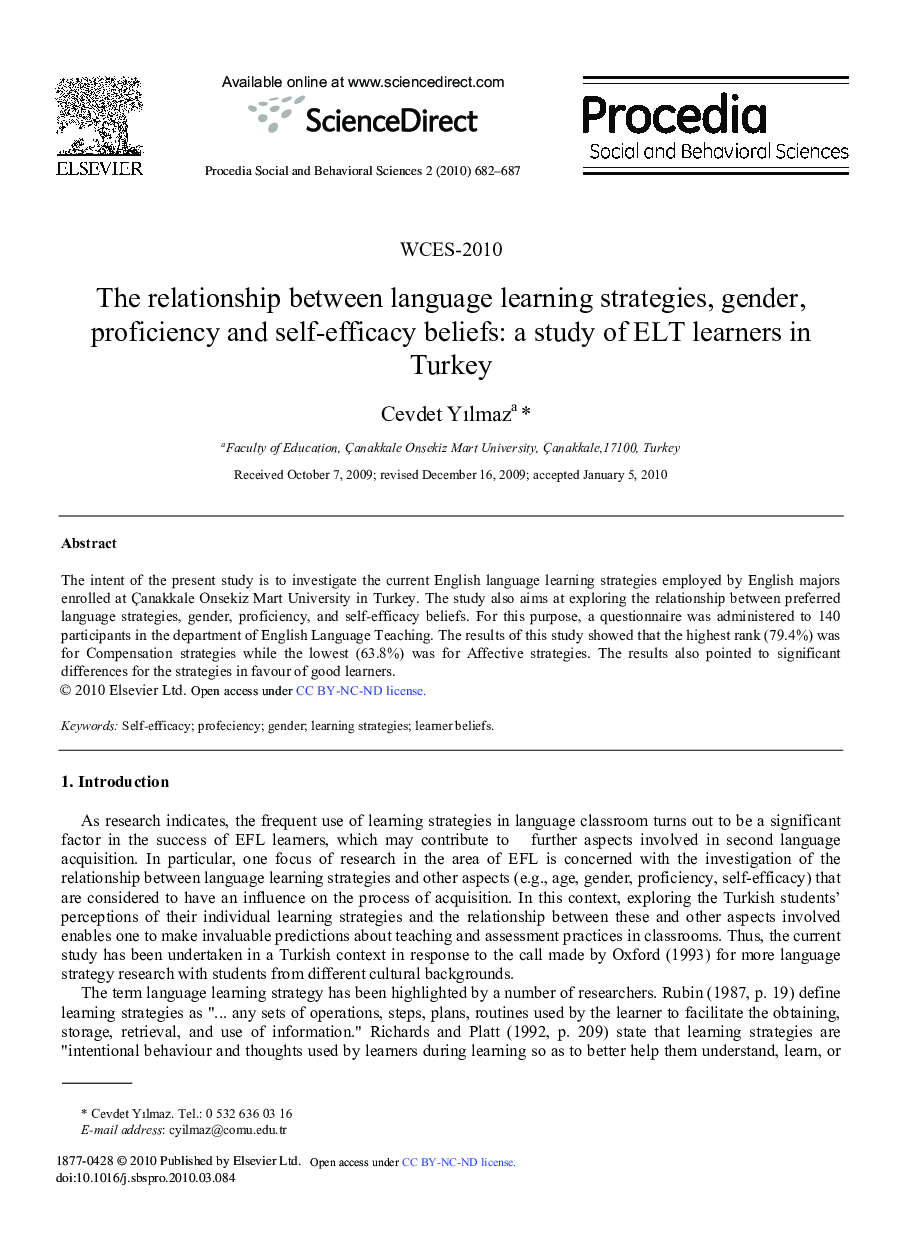 The relationship between language learning strategies, gender, proficiency and self-efficacy beliefs: a study of ELT learners in Turkey