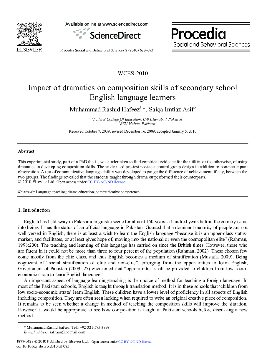 RETRACTED: Impact of dramatics on composition skills of secondary school English language learners