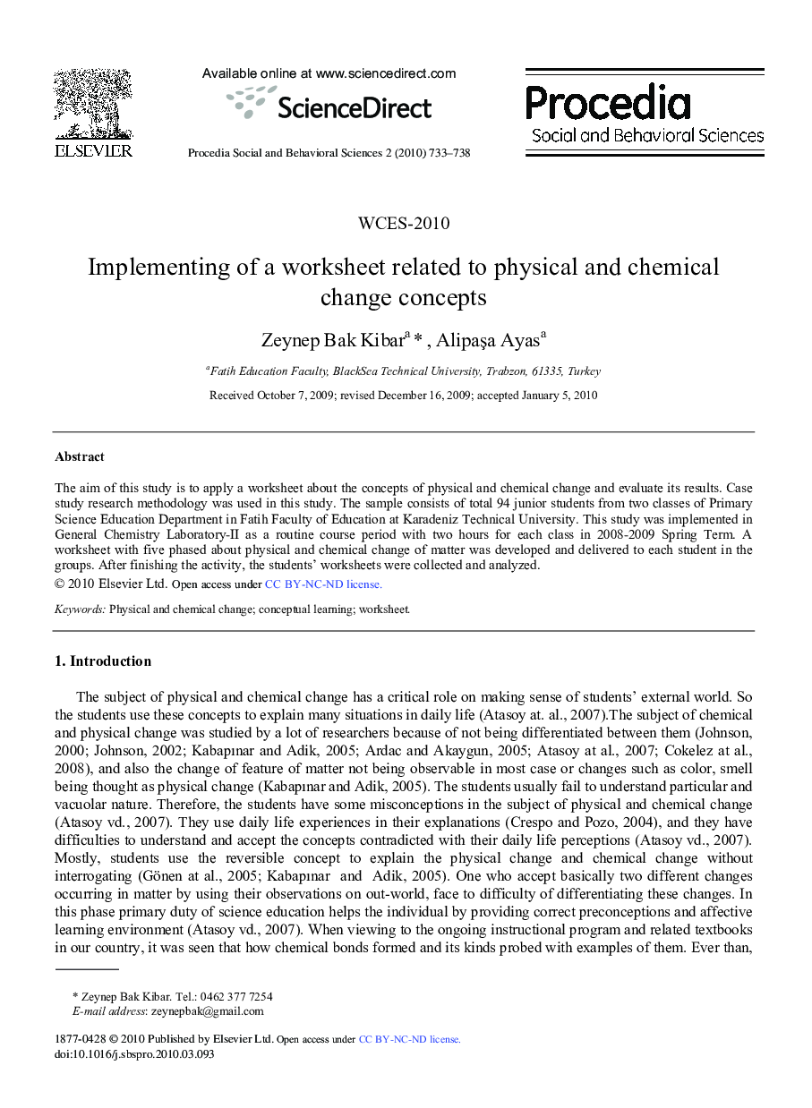 Implementing of a worksheet related to physical and chemical change concepts