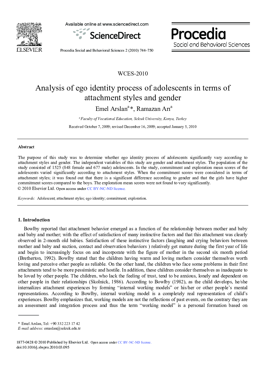 Analysis of ego identity process of adolescents in terms of attachment styles and gender