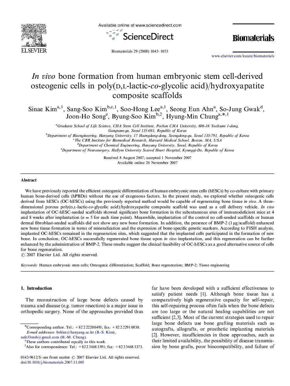 In vivo bone formation from human embryonic stem cell-derived osteogenic cells in poly(d,l-lactic-co-glycolic acid)/hydroxyapatite composite scaffolds