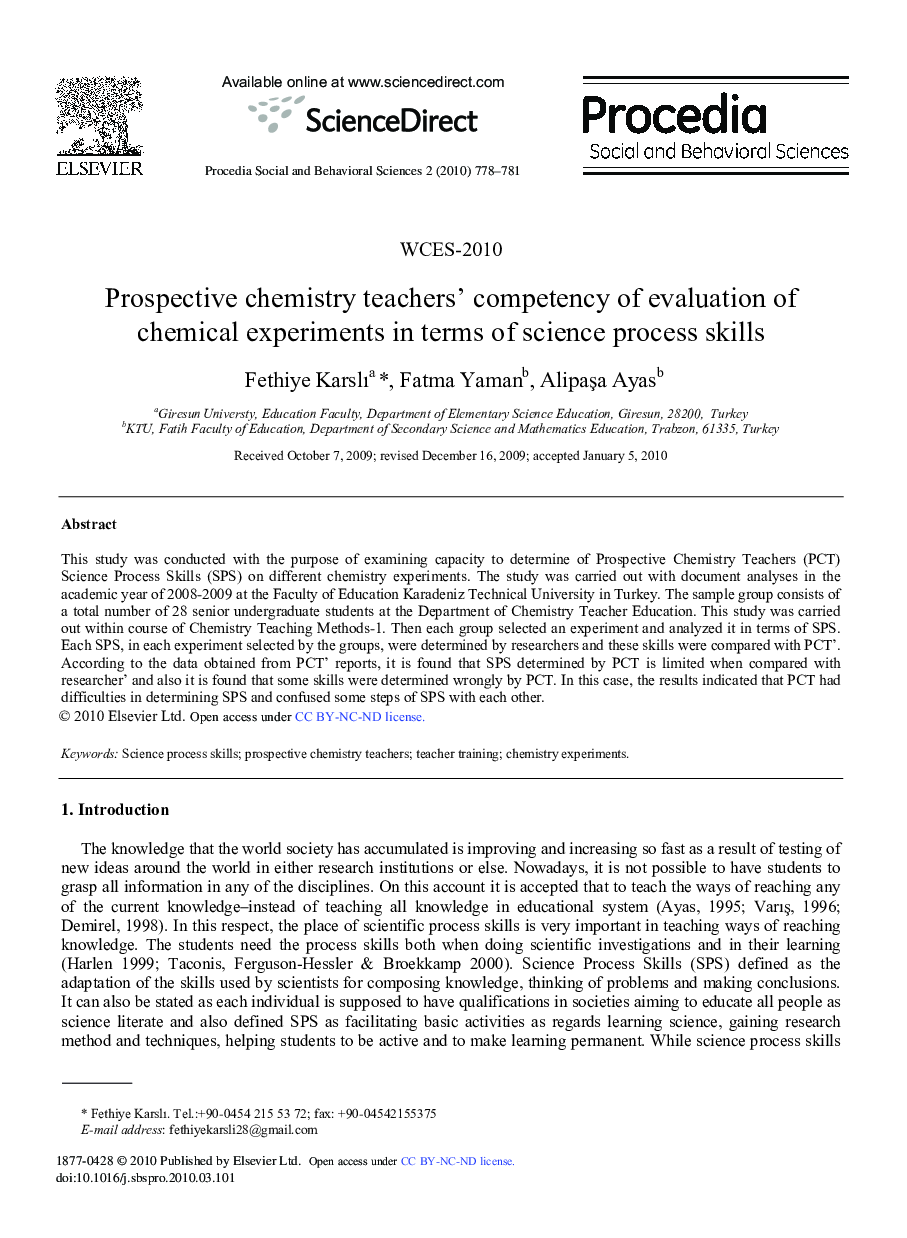 Prospective chemistry teachers’ competency of evaluation of chemical experiments in terms of science process skills