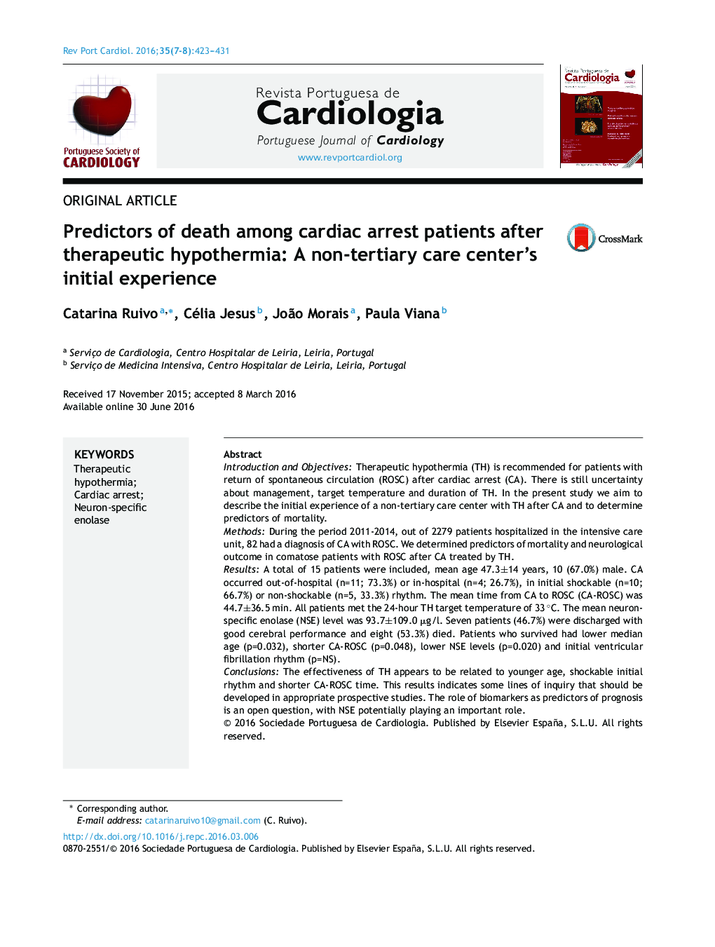 Predictors of death among cardiac arrest patients after therapeutic hypothermia: A non-tertiary care center's initial experience