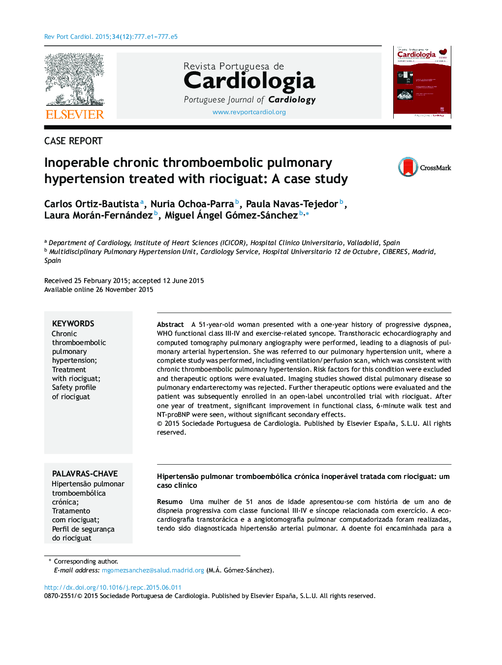 Inoperable chronic thromboembolic pulmonary hypertension treated with riociguat: A case study