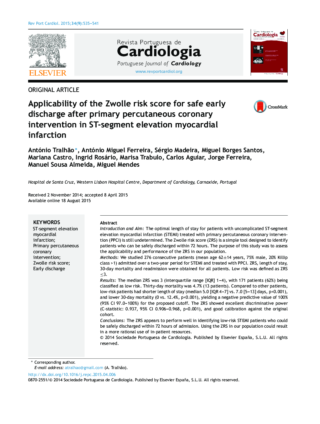 Applicability of the Zwolle risk score for safe early discharge after primary percutaneous coronary intervention in ST-segment elevation myocardial infarction