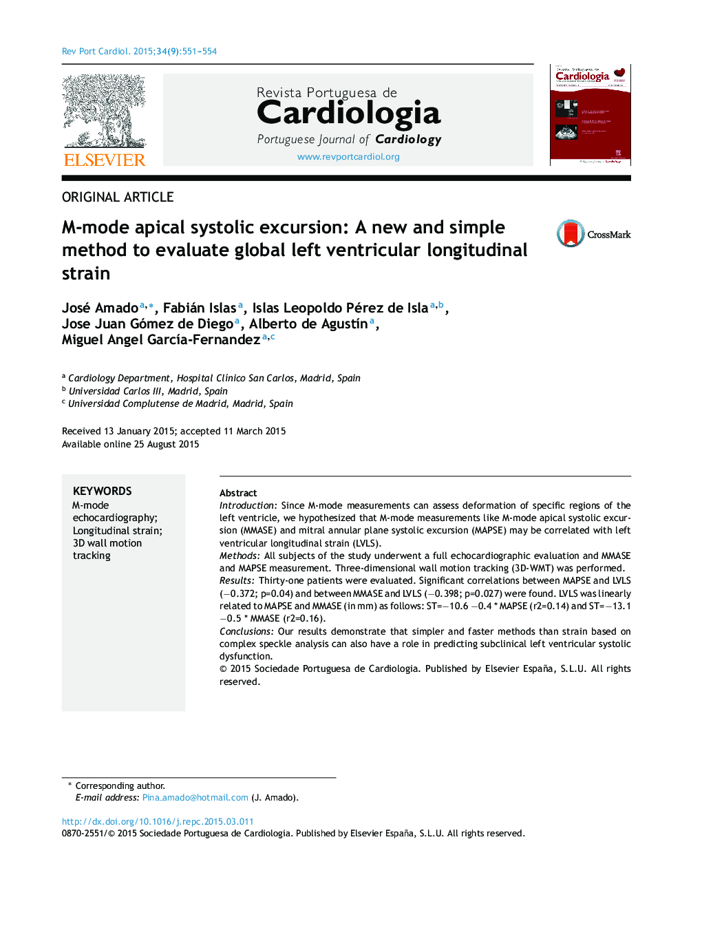 M-mode apical systolic excursion: A new and simple method to evaluate global left ventricular longitudinal strain