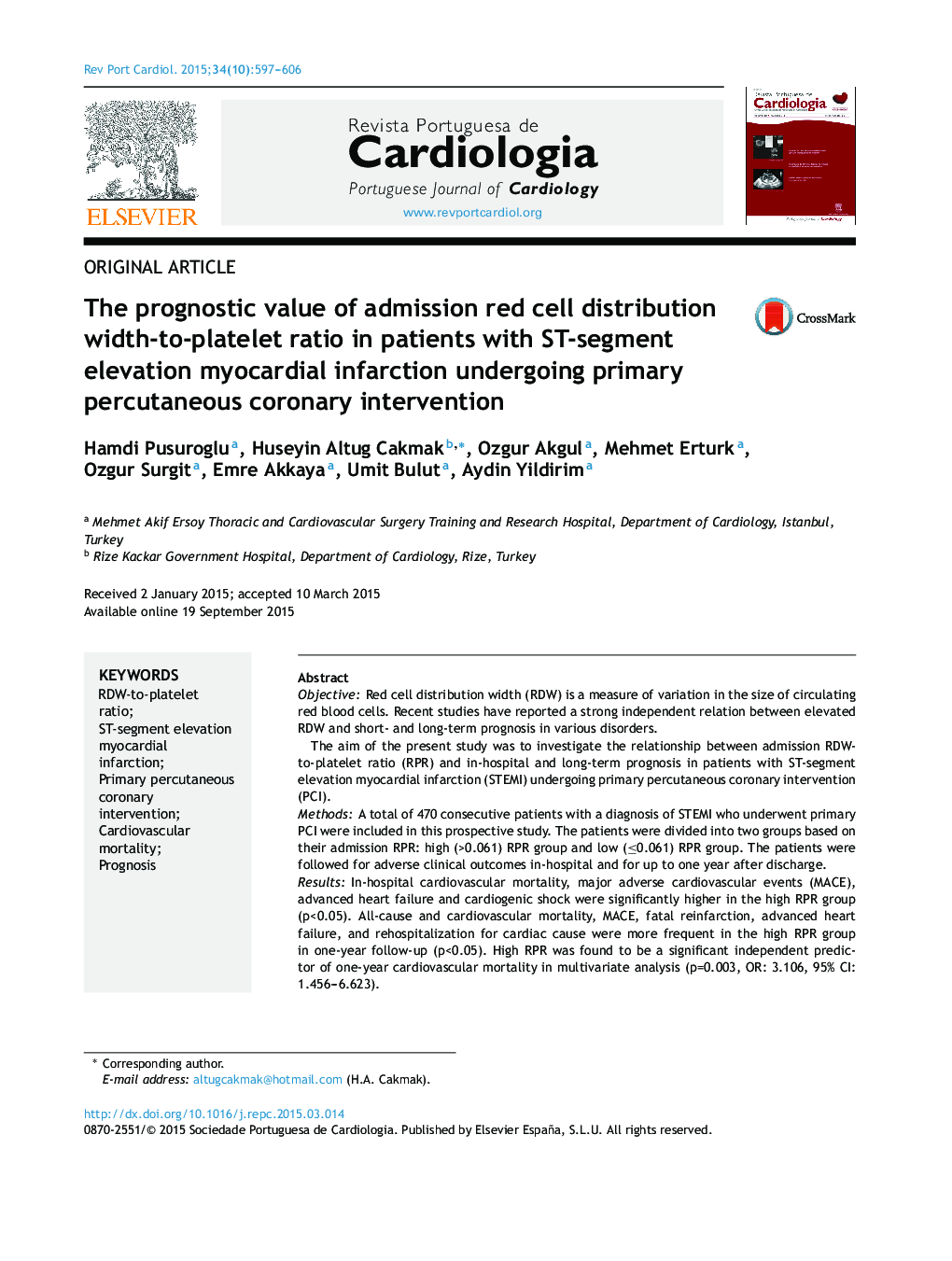 The prognostic value of admission red cell distribution width-to-platelet ratio in patients with ST-segment elevation myocardial infarction undergoing primary percutaneous coronary intervention