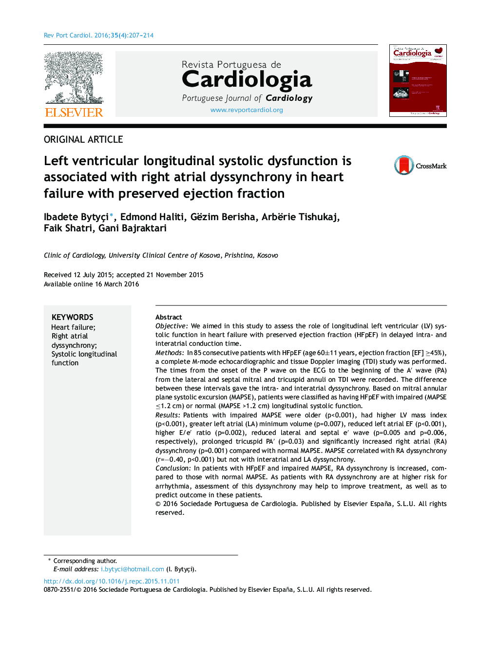 Left ventricular longitudinal systolic dysfunction is associated with right atrial dyssynchrony in heart failure with preserved ejection fraction