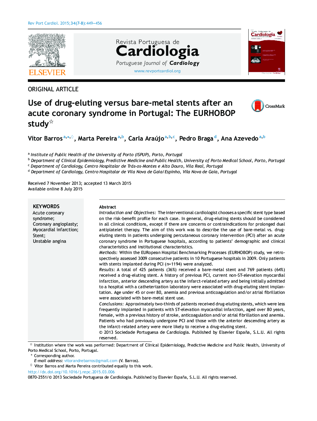 Use of drug-eluting versus bare-metal stents after an acute coronary syndrome in Portugal: The EURHOBOP study 