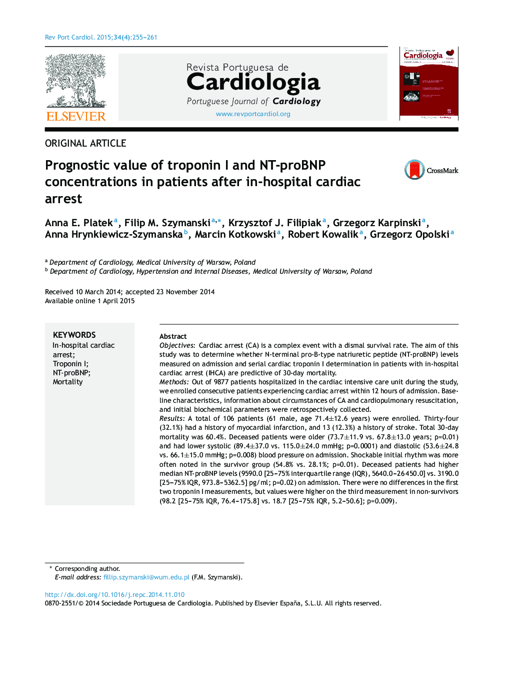 Prognostic value of troponin I and NT-proBNP concentrations in patients after in-hospital cardiac arrest