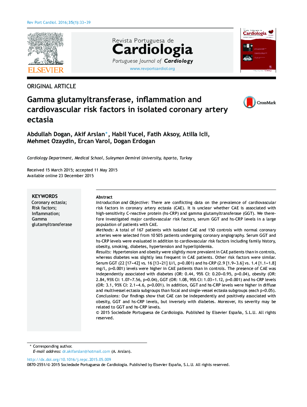 Gamma glutamyltransferase, inflammation and cardiovascular risk factors in isolated coronary artery ectasia