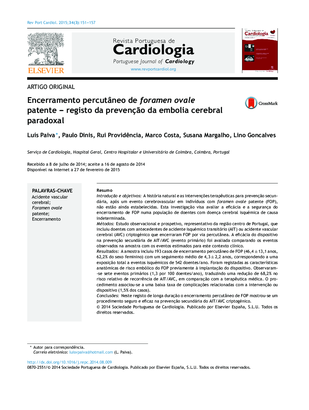 Encerramento percutâneo de foramen ovale patente – registo da prevenção da embolia cerebral paradoxal